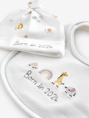 White Born In 2024 100% Cotton Bib And Hat 2 Piece Set (0-12mths) - Image 4 of 4
