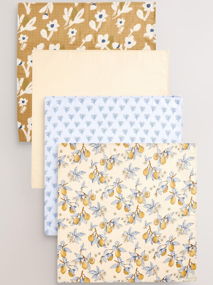 Zitrone/Blumenmuster - Baby-Spucktücher aus 100 % Baumwoll-Mussselin im 4er Pack - Bild 1 von 7