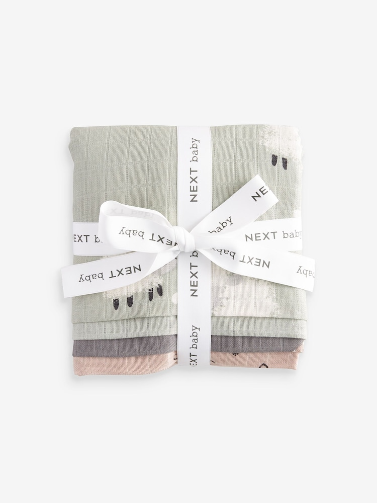 Charcoal Grey/Sage Green Sheep Baby Muslin Cloths 4 Pack - Image 2 of 7
