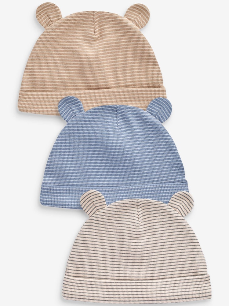 Gestreift, Blau - Baby-Bärenohr-Beanie Mützen aus 100 % Baumwolle 3er-Pack (0-18Monate) - Bild 1 von 5