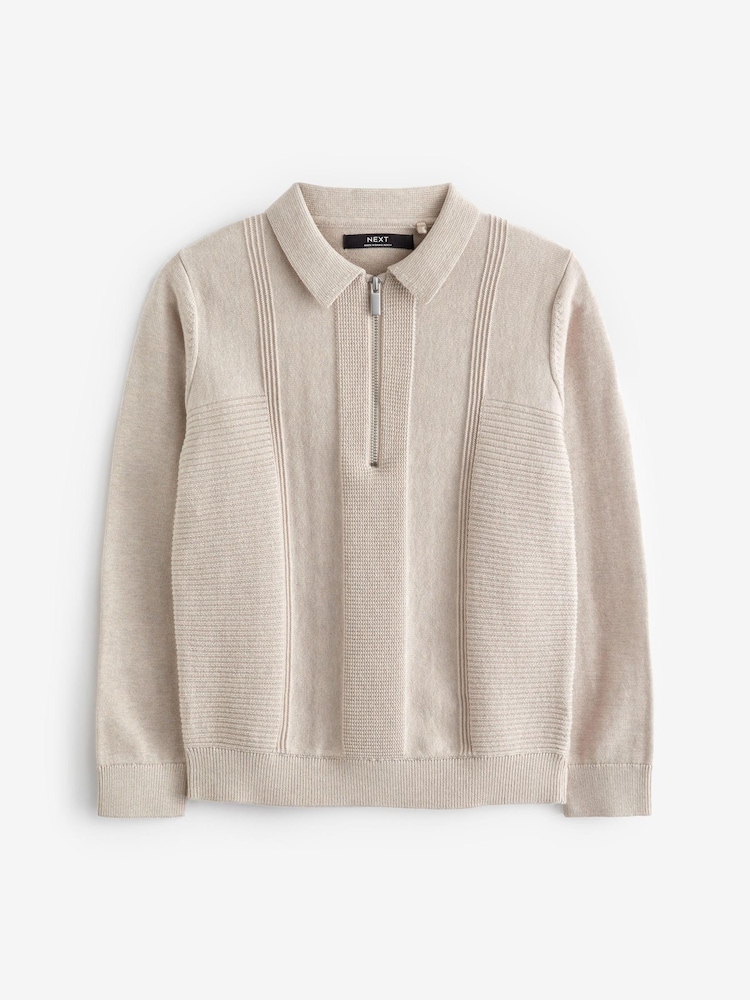 Putty Textured Knit Zip Neck Long Sleeve Polo Shirt (3-16yrs) - Image 1 of 3
