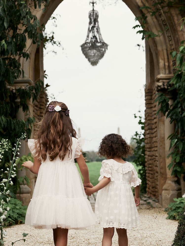 Ecru White 3D Flower Mesh Flower Girl Dress (3-16yrs) - Image 5 of 9