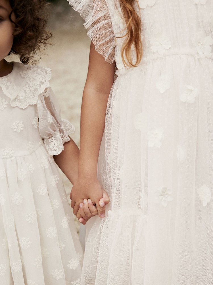Ecru White 3D Flower Mesh Flower Girl Dress (3-16yrs) - Image 6 of 9