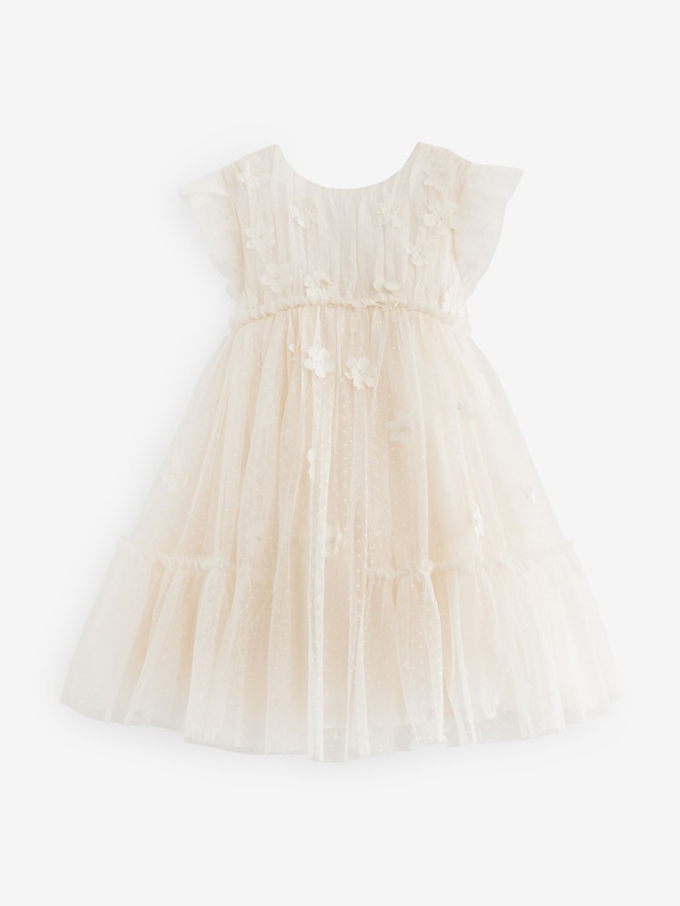 Ecru White 3D Flower Mesh Flower Girl Dress (3-16yrs) - Image 7 of 9