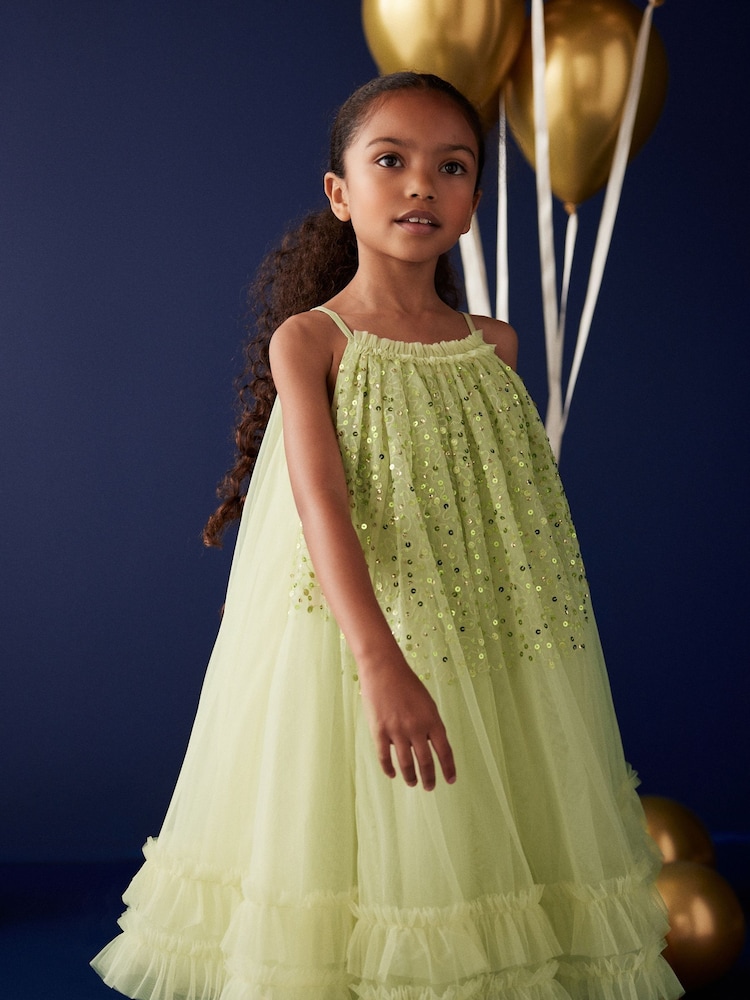 Matcha Green Sequin Mesh Trapeze Occasion Dress (3-16yrs) - Image 1 of 7