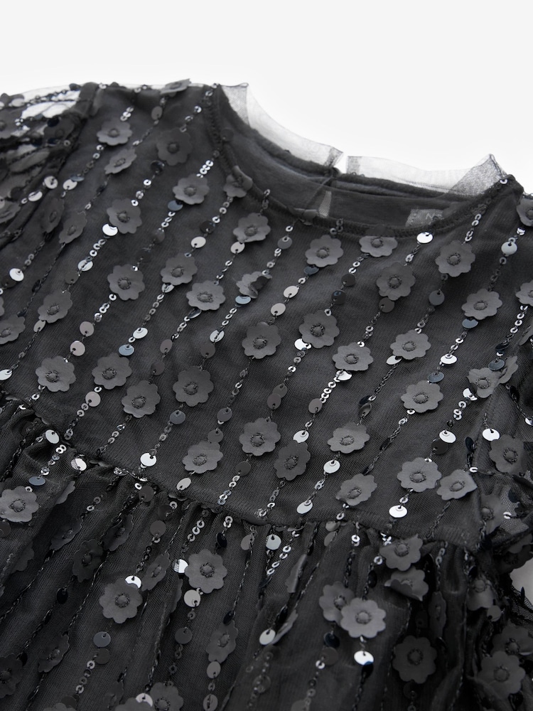 Black Sequin Mesh Flower Party Dress (3-16yrs) - Image 6 of 6