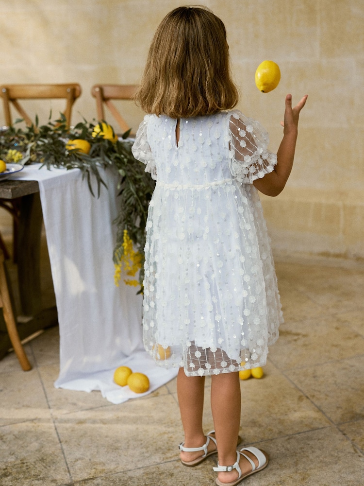White Sequin Mesh Flower Party Dress (3-16yrs) - Image 2 of 5