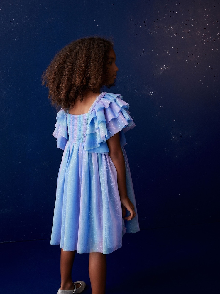 Purple/Blue Sparkle Frill Sleeve Mesh Party Dress (3-16yrs) - Image 2 of 7 Purple/Blue Sparkle Frill Sleeve Mesh Party Dress (3-16yrs) - Image 2 of 7