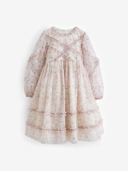 Ecru Floral Long Sleeve Soft Mesh Dress (3-16yrs) - Image 6 of 8