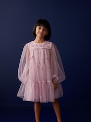 Pink Pretty Embroidered Long Sleeve Soft Mesh Dress (3-16yrs) - Image 1 of 8