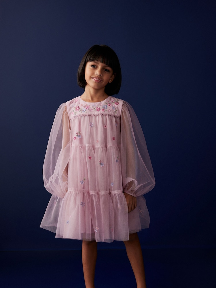 Pink Pretty Embroidered Long Sleeve Soft Mesh Dress (3-16yrs) - Image 1 of 8