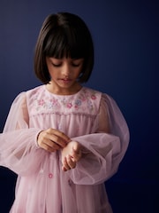 Pink Pretty Embroidered Long Sleeve Soft Mesh Dress (3-16yrs) - Image 4 of 8
