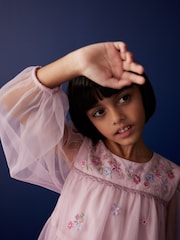 Pink Pretty Embroidered Long Sleeve Soft Mesh Dress (3-16yrs) - Image 5 of 8