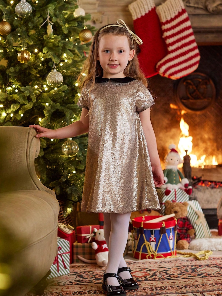 Trotters London Gold Sequin Christmas Party Dress - Image 1 of 7