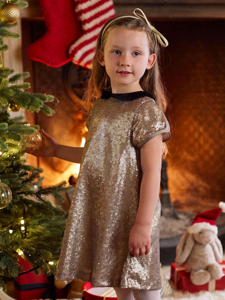 Trotters London Gold Sequin Christmas Party Dress - Image 2 of 7