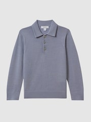 Reiss Porcelain Blue Trafford 9-14 yrs Merino Wool Polo Shirt - Image 2 of 6
