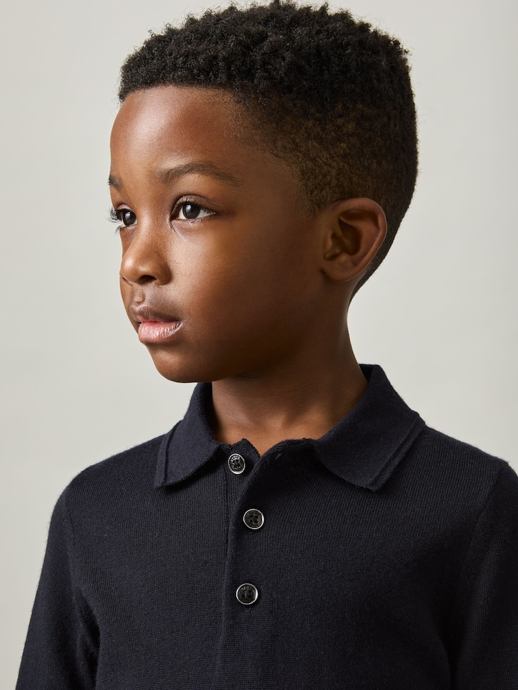 Reiss Navy Trafford 9-14 yrs Merino Wool Polo Shirt - Image 1 of 6 Reiss Navy Trafford 9-14 yrs Merino Wool Polo Shirt - Image 1 of 6
