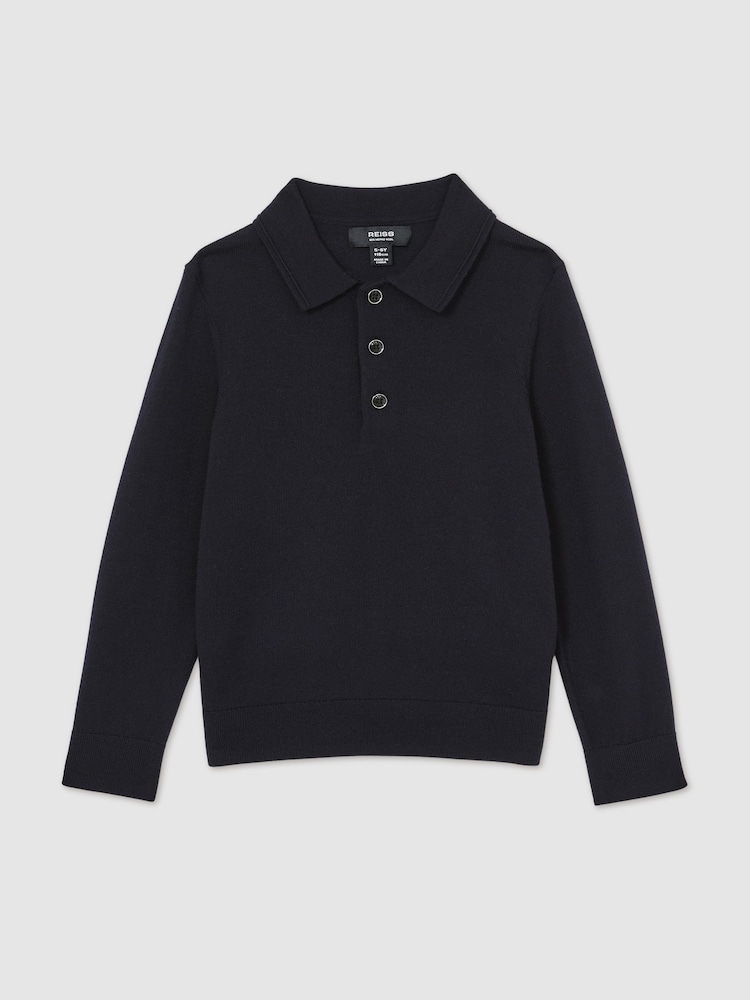 Reiss Navy Trafford 9-14 yrs Merino Wool Polo Shirt - Image 2 of 6