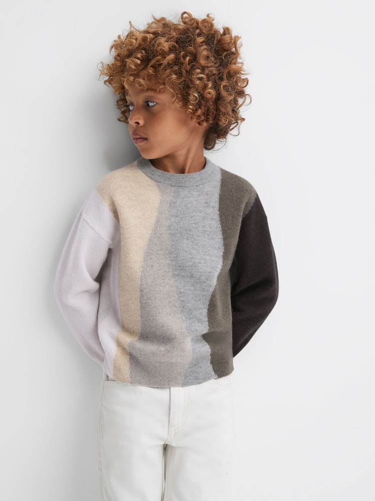 Reiss Mocha Waters Senior Fluffy Wool Crew Neck Jumper - Image 1 of 6