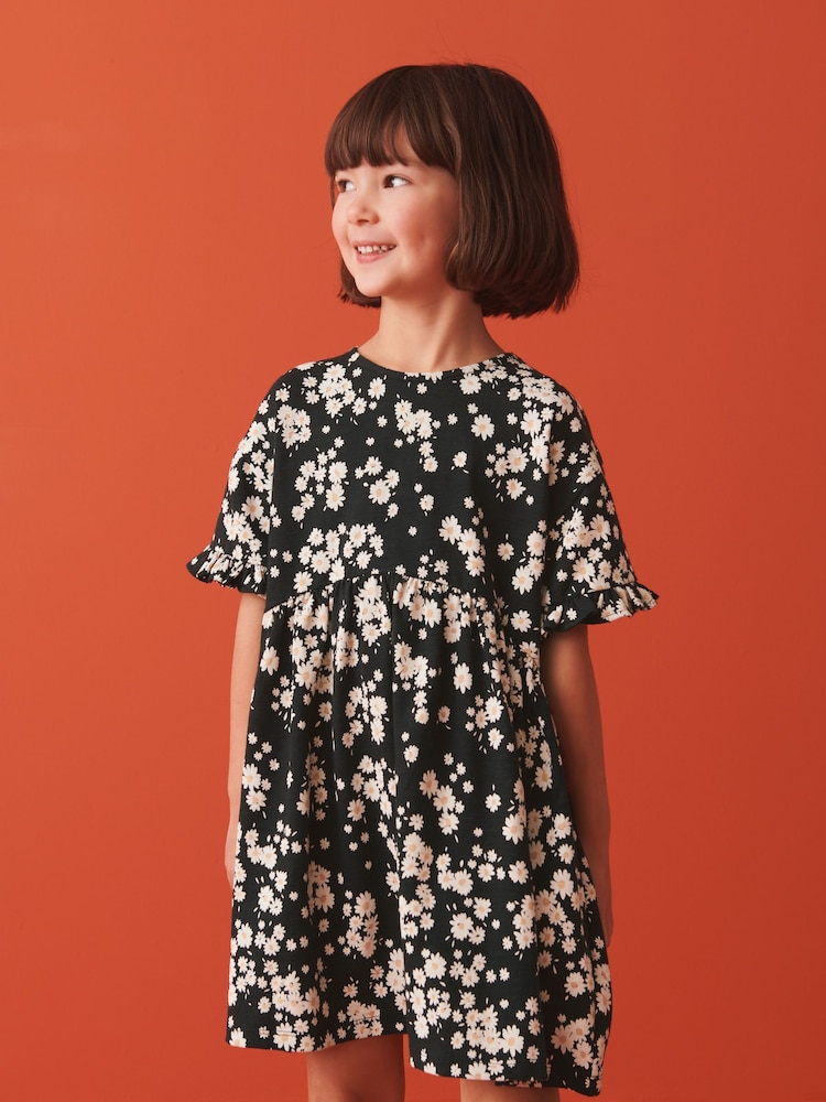 Black Daisy Print Short Sleeve Cotton Jersey Dress (3-16yrs) - Image 1 of 7