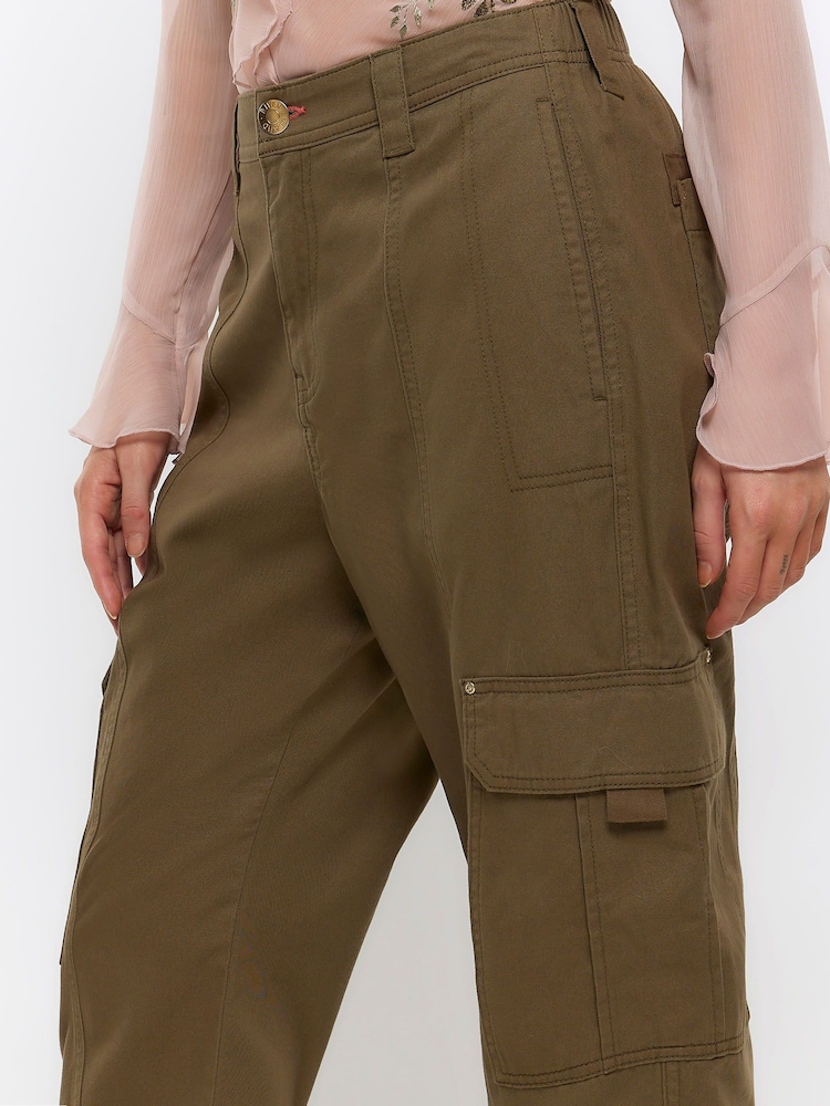 River Island Green Khaki Self Belt Cuffed Cargo Trousers - Image 1 of 6 River Island Green Khaki Self Belt Cuffed Cargo Trousers - Image 1 of 6