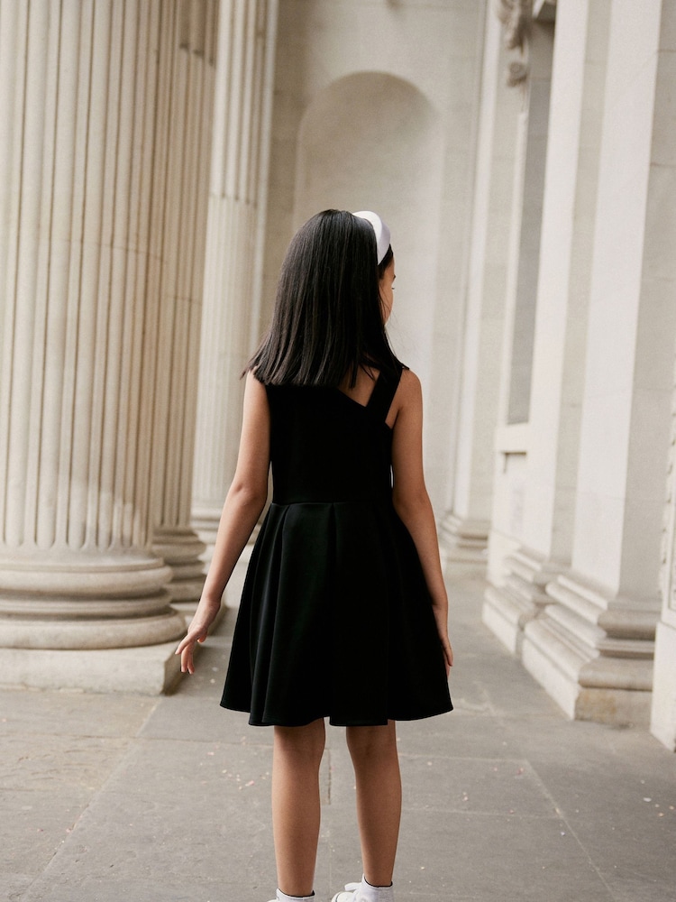 Black 3D Flower Corsage Asymmetric Scuba Occasion Dress (1.5-16yrs) - Image 2 of 6