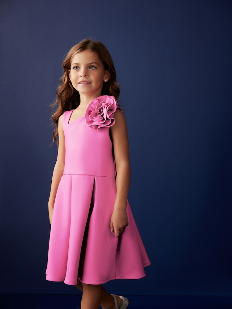 Pink 3D Flower Corsage Asymmetric Scuba Occasion Dress (1.5-16yrs) - Image 1 of 7