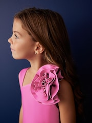 Pink 3D Flower Corsage Asymmetric Scuba Occasion Dress (1.5-16yrs) - Image 4 of 7