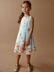 Blue Renaissance Floral Cut Out Detail Scuba Occasion Dress (1.5-16yrs) - Image 1 of 8