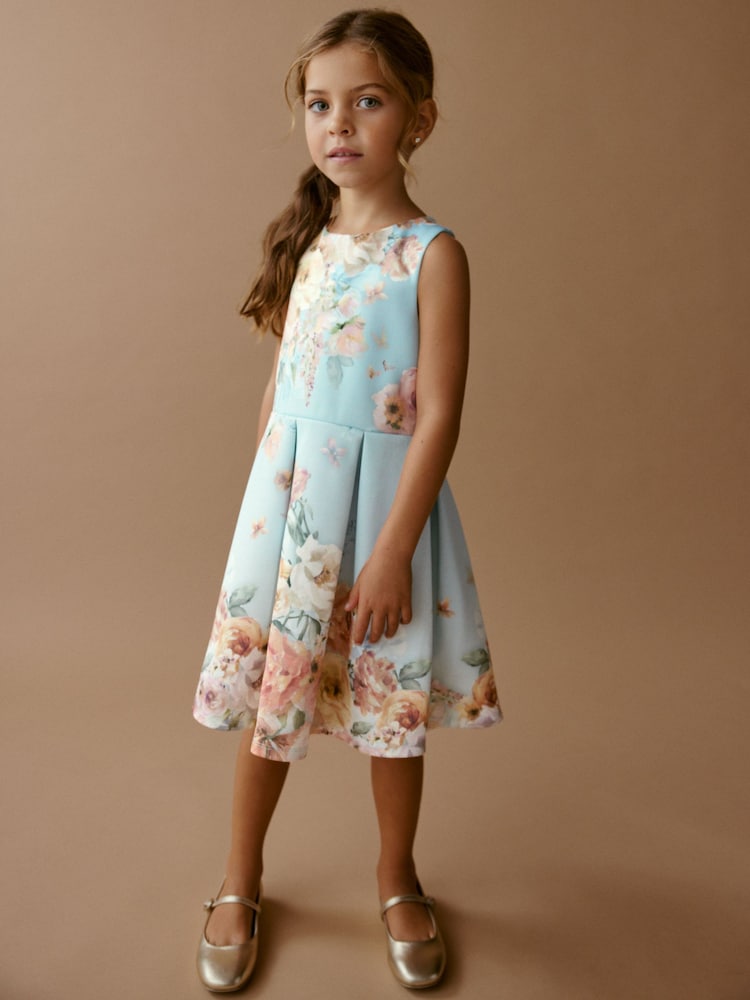 Blue Renaissance Floral Cut Out Detail Scuba Occasion Dress (1.5-16yrs) - Image 1 of 8