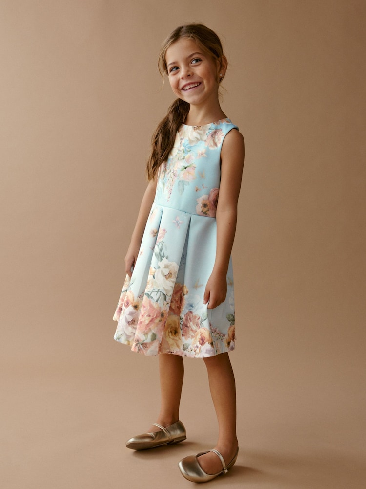 Blue Renaissance Floral Cut Out Detail Scuba Occasion Dress (1.5-16yrs) - Image 2 of 8
