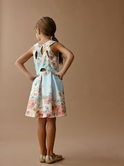 Blue Renaissance Floral Cut Out Detail Scuba Occasion Dress (1.5-16yrs) - Image 3 of 8