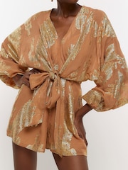 River Island Brown Tie Mini Metallic Playsuit - Image 1 of 5