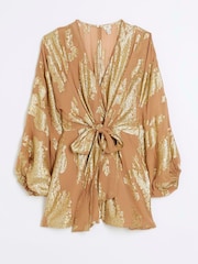 River Island Brown Tie Mini Metallic Playsuit - Image 4 of 5