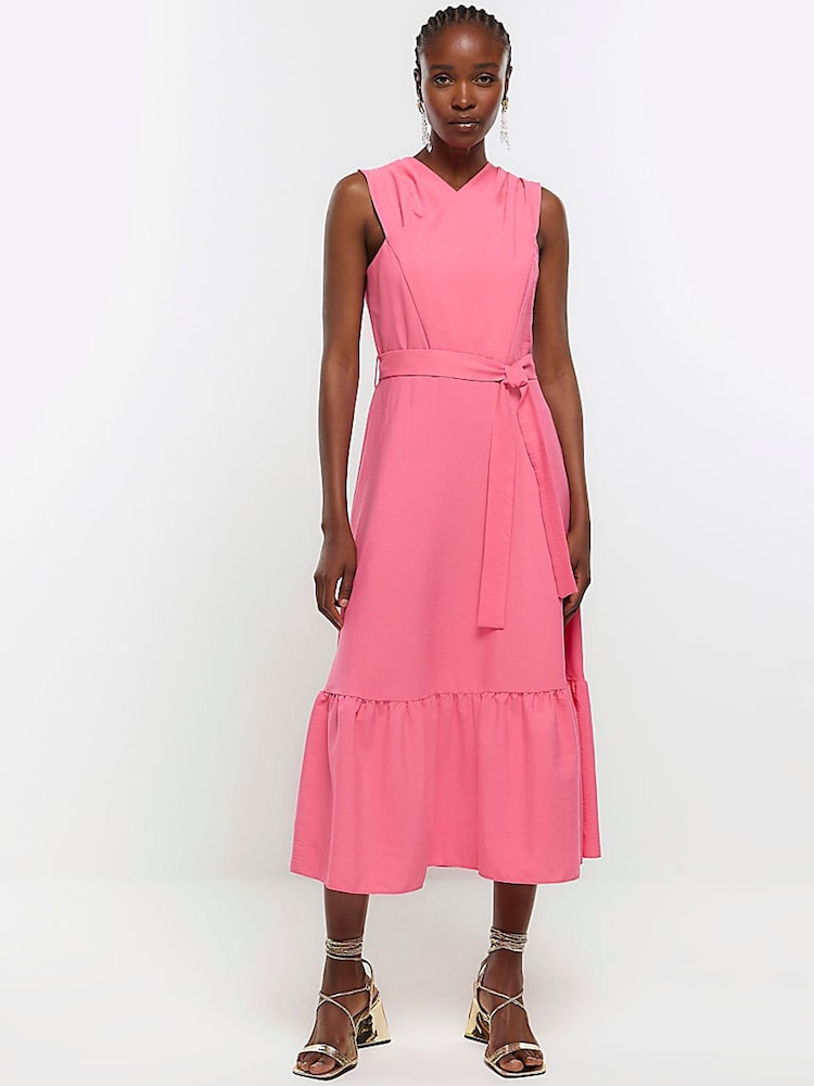 River Island Pink Cross Front Belted Midi Dress - Image 1 of 6