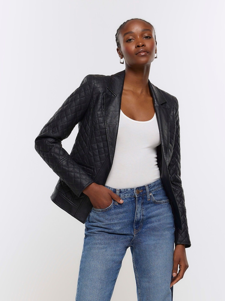 River Island Black Faux Leather Quilted Blazer - Image 1 of 6