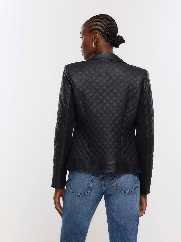 River Island Black Faux Leather Quilted Blazer - Image 2 of 6