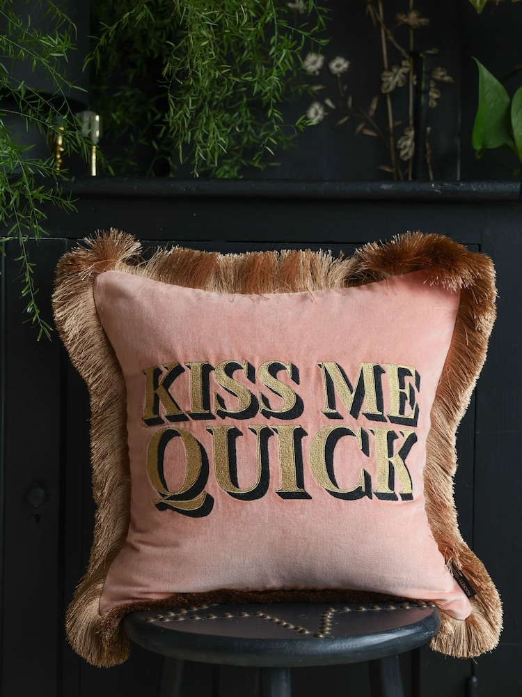 Rockett St George Kiss Me Quick Velvet Fringe Feather Filled Cushion - Image 1 of 6