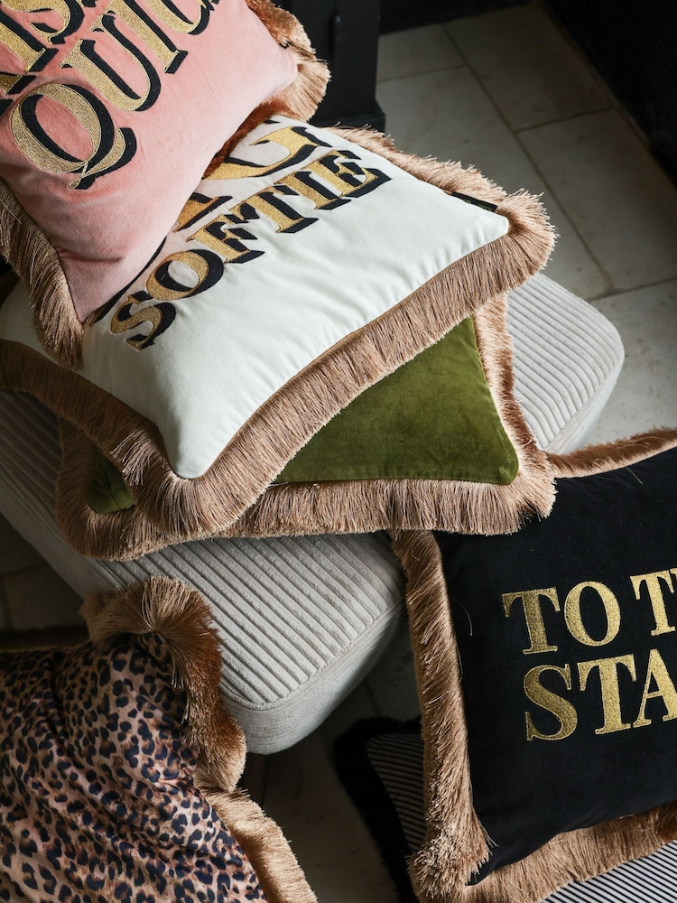 Rockett St George Kiss Me Quick Velvet Fringe Feather Filled Cushion - Image 3 of 6