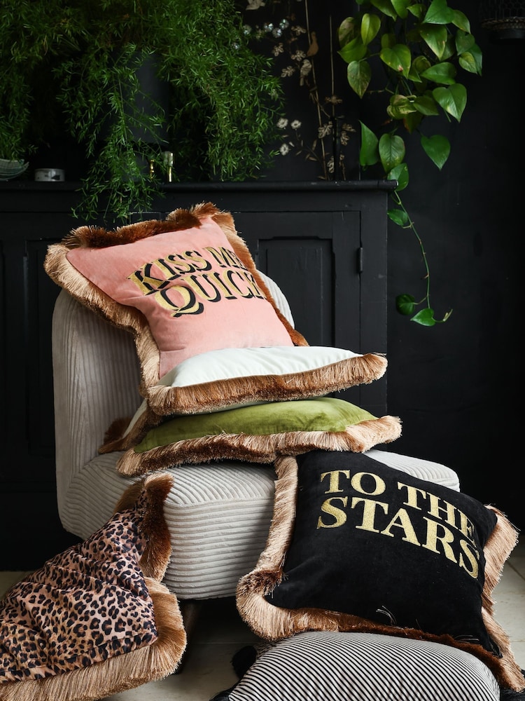 Rockett St George Kiss Me Quick Velvet Fringe Feather Filled Cushion - Image 4 of 6