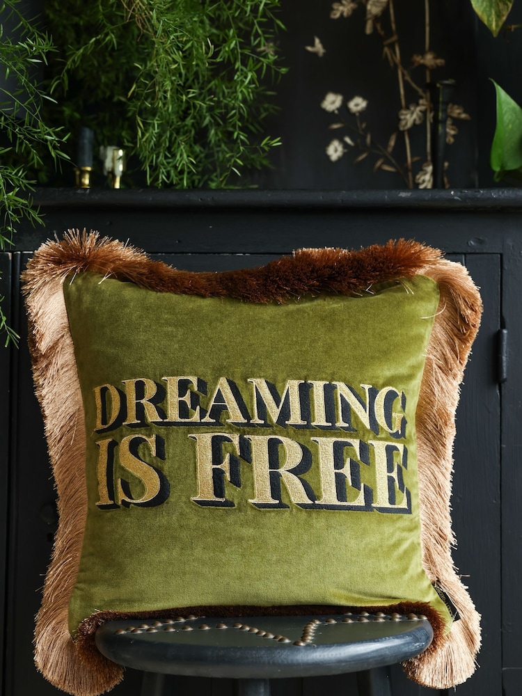 Rockett St George Dreaming Is Free Velvet Fringe Feather Filled Cushion - Image 1 of 6