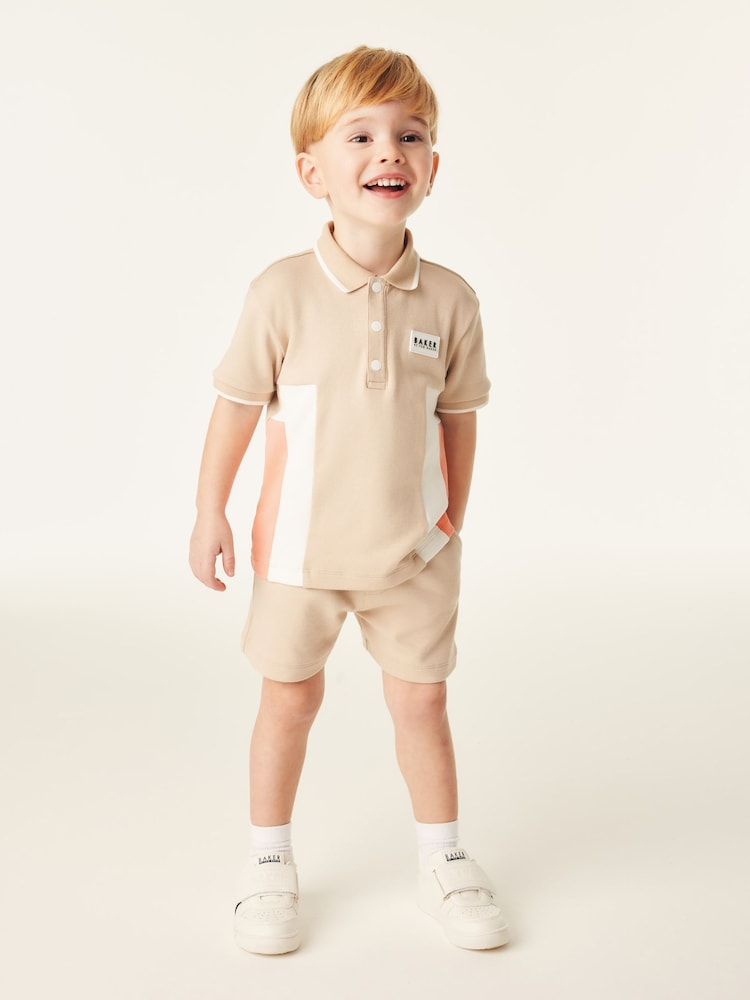 Baker by Ted Baker Stone Colourblock 100% Cotton Polo Shirt and Short Set - Image 1 of 6