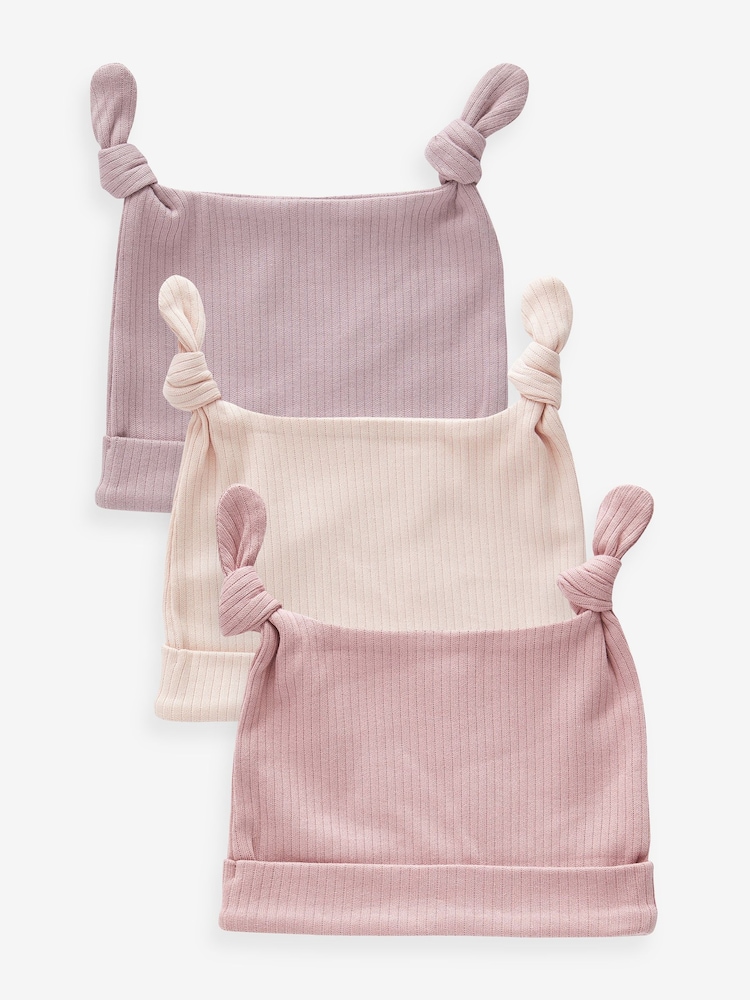 Pink - Baby Double Tie Top 100% Cotton Hats 3 Pack (0-12mths) - Bild 1 von 5