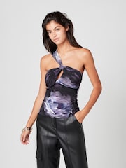 Black/Purple Rose Print One Shoulder Ruched Top - Image 1 of 6