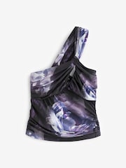 Black/Purple Rose Print One Shoulder Ruched Top - Image 5 of 6