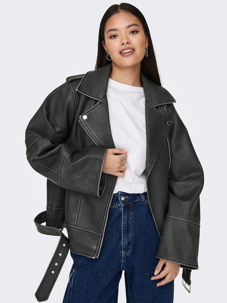 ONLY Black Distressed Faux Leather Relaxed Fit Biker Jacket - Image 1 of 5