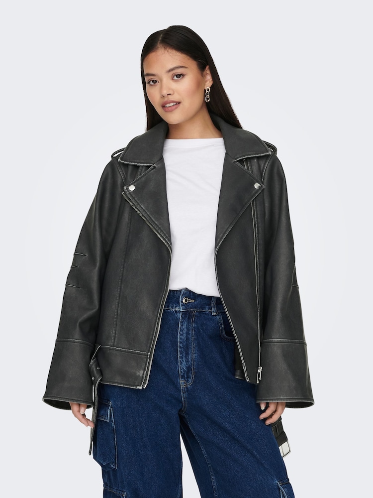 ONLY Black Distressed Faux Leather Relaxed Fit Biker Jacket - Image 3 of 5
