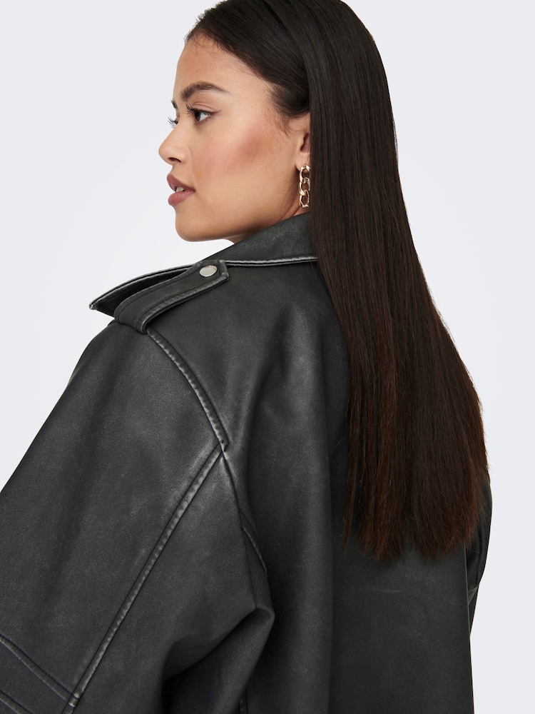 ONLY Black Distressed Faux Leather Relaxed Fit Biker Jacket - Image 4 of 5