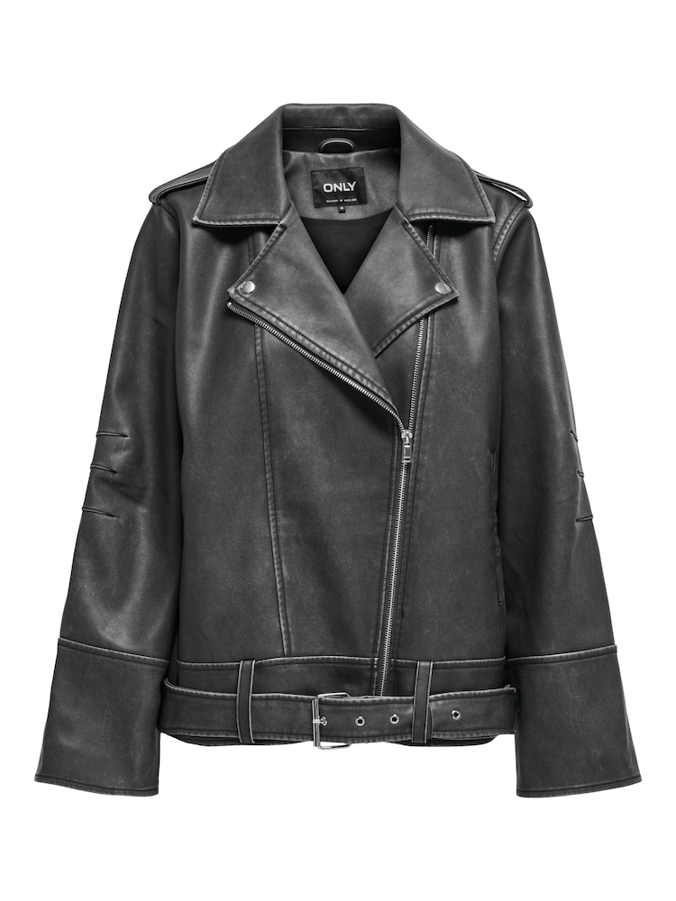 ONLY Black Distressed Faux Leather Relaxed Fit Biker Jacket - Image 5 of 5