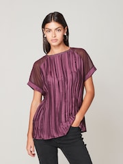 Plum Purple Plissé Woven Mix Short Sleeve Top - Image 1 of 6